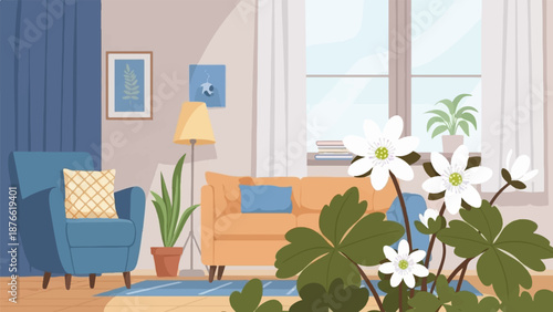 Cozy living room scene with armchair, sofa, lamp, plants, and window