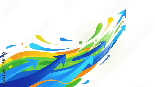 Vibrant abstract illustration with dynamic arrows and fluid shapes in blue, green, and orange hues on a white background.
