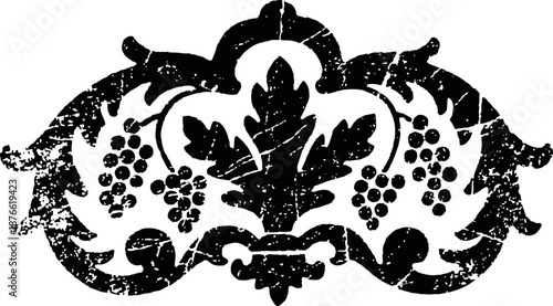Vintage ornamental design with grapevine, leaves, and scrolling pattern in black distressed