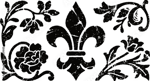 Vintage fleur de lis emblem with ornamental floral scrollwork design elements