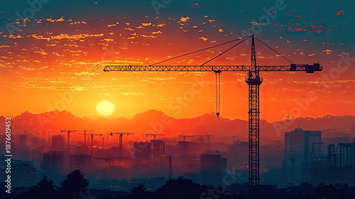 Dramatic sunset over construction site with crane silhouetted against vibrant clouds and mountains in a city skyline, showcasing industrial progress