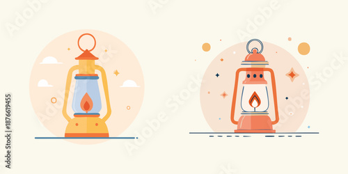 Lanterns illustration: Two artistic illustrations showcasing charming vintage lanterns, with a warm inviting glow that illuminates the surrounding backdrop. 