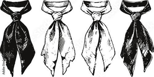 Four vintage tied neckerchief designs in black and white sketch style, classic fashion accessories