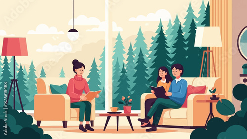 Cozy living room scene with people reading, framed by trees