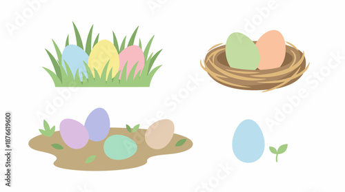 Easter eggs in grass and nests. Spring Vector Packs. EPS Editable