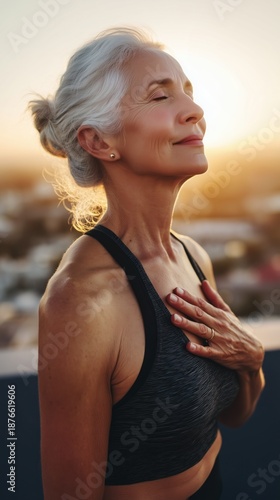 Senior woman with gray hair practicing mindfulness meditation outdoors on a rooftop at sunset