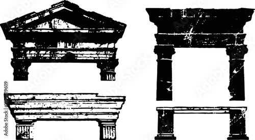 Antique classical architectural elements set with pediments and columns in vintage distressed