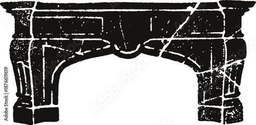 Antique stone fireplace mantel with ornate carvings and weathered texture