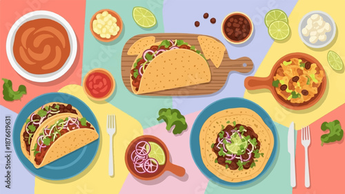 Colorful overhead view of a vibrant Mexican food spread with tacos, dips, and garnishes