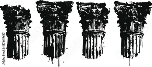 Four ancient corinthian columns with black ink splash artistic design, classical architecture illustration