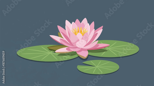 Delicate pink water lily floats gracefully on dark water, surrounded by green lily pads