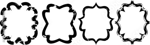 Four abstract black grunge decorative frames with rough brush stroke design on white background