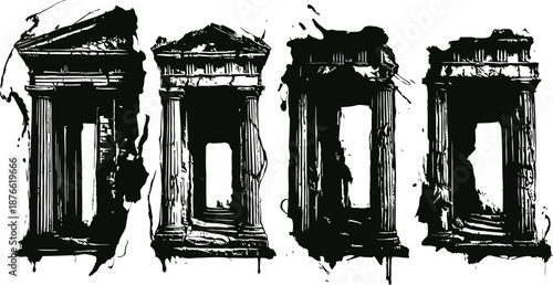 Ancient classical columns with detailed carving in worn and damaged black ink sketch