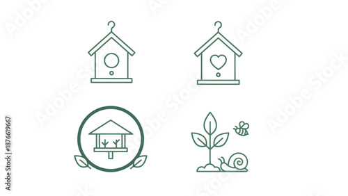 Eco friendly birdhouse and garden icons. Spring Vector Packs. EPS Editable