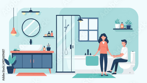 Couple holding hands in a modern bathroom with sink, shower, and bathtub