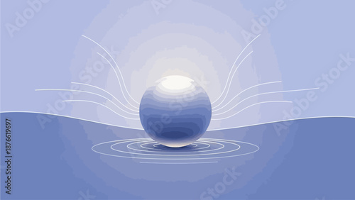 A serene illustration of a glowing orb floating on calm waters with ripples and rays emanating from it, viewed from a tranquil perspective.