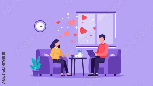 Couple indoors sharing affections with hearts floating