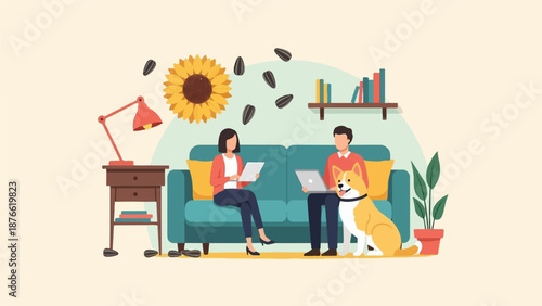 Cozy living room scene with two people, a dog, a lamp, a sunflower, and falling seeds
