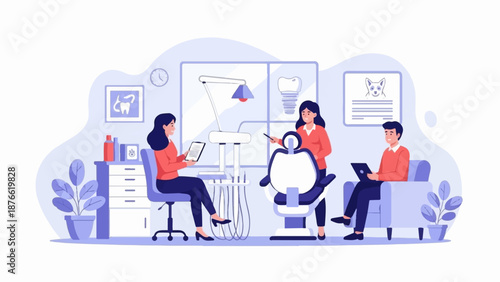 Dental clinic scene with patients and staff in modern flat illustration style