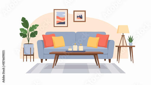 Cozy living room with blue sofa, art, plants, lamp, and candles