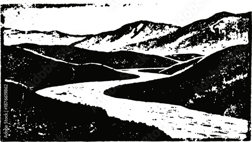 Black and white mountain landscape with winding river and rugged terrain