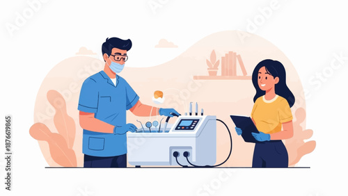 Dental professionals in a clinic setting, one operating equipment, the other observing