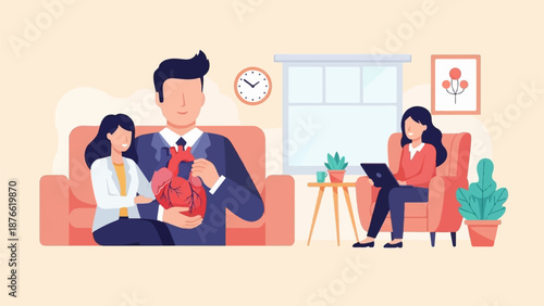 Couple indoors with a man holding a heart and a woman working on a laptop