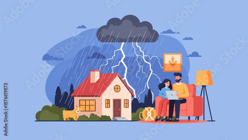 Couple indoors with dog, during a thunderstorm, looking at a laptop