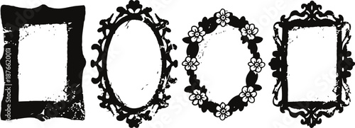 Vintage ornate black decorative frames in rectangular and oval shapes with floral and scroll details