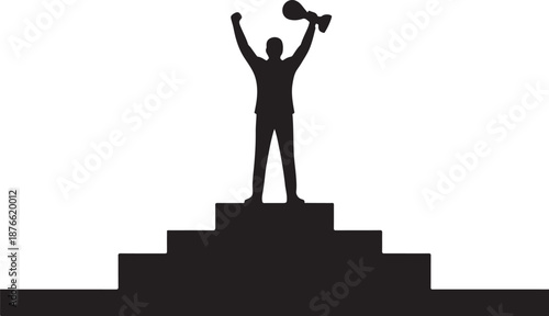 Silhouette of person on podium raising arms with trophy