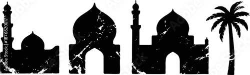 Silhouette of traditional mosque domes and minarets with a tall palm tree on white background