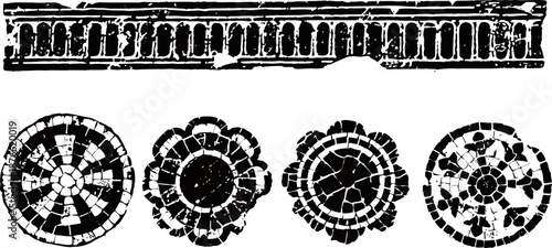 black and white vector silhouettes of tree rings and fallen tree cross section with growth rings