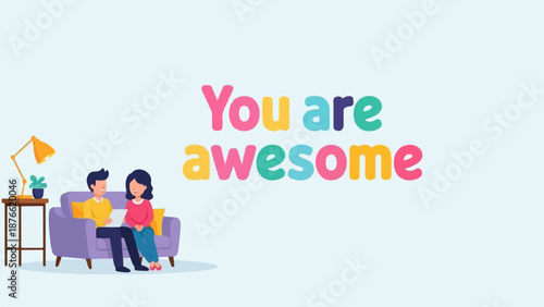 Couple on couch with inspirational words in colorful font