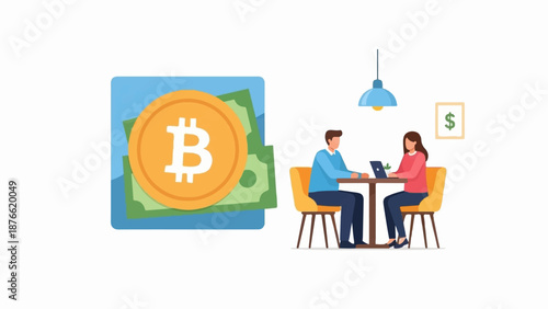 Digital currency concept with people discussing finance at a table in a cafe