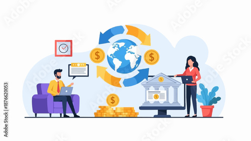 Digital financial transactions and global currency exchange illustrated with people, bank, earth, and coins