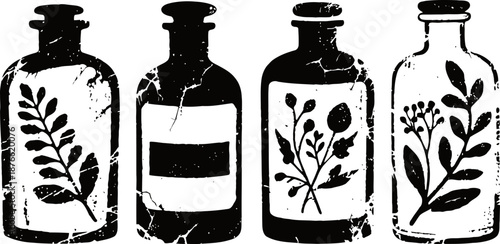 vintage apothecary bottles with botanical and label designs in black and white