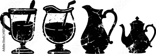 Vintage coffee and tea vessels silhouettes with distressed texture, including mugs, pitcher, and pot