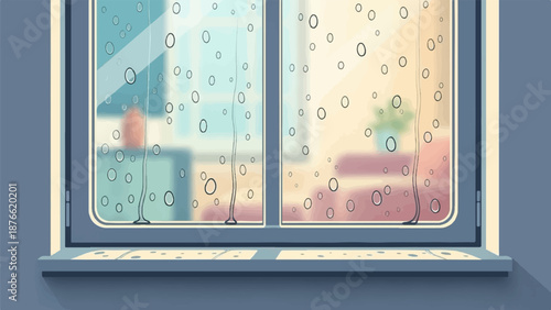 Cozy rain drops on window pane with muted city view and potted plant
