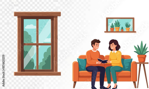 Couple reading a book together on a couch, with plants indoors and trees outside