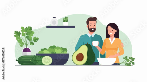 Couple preparing a healthy meal with fresh vegetables and avocados
