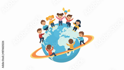Diverse cartoon children joyfully encircling a stylized globe with a colorful orbit