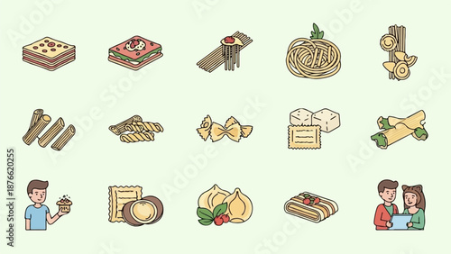 Diverse collection of pasta shapes, dishes, and ingredients