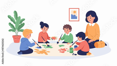 Diverse children and adult happily paint together, creating colorful art