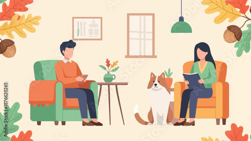 Couple reading books in armchairs at home with dog and autumn leaves