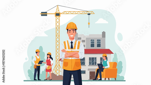 Diverse construction team collaborates on a building project with a crane overhead