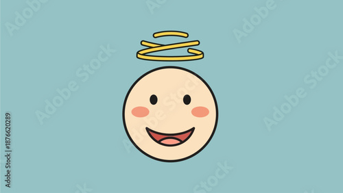 A smiling face with halo illustration on a light blue background viewed from the front