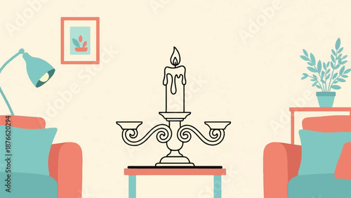 Cozy room scene with a lit candle, lamp, and plants