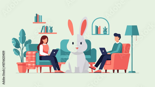 Cozy room with people working on laptops, a large bunny in the center