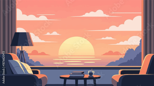 Cozy room with two chairs, a table with books and coffee, and a sunset view