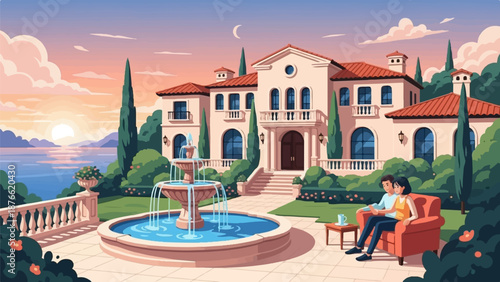 Couple relaxes by a fountain in a villa garden at sunset